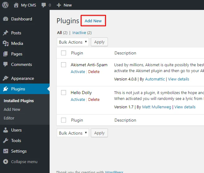 Plugins page in wordpress