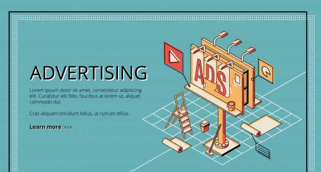 Advertising agency, digital marketing company, online promotion service isometric web banner Free Vector