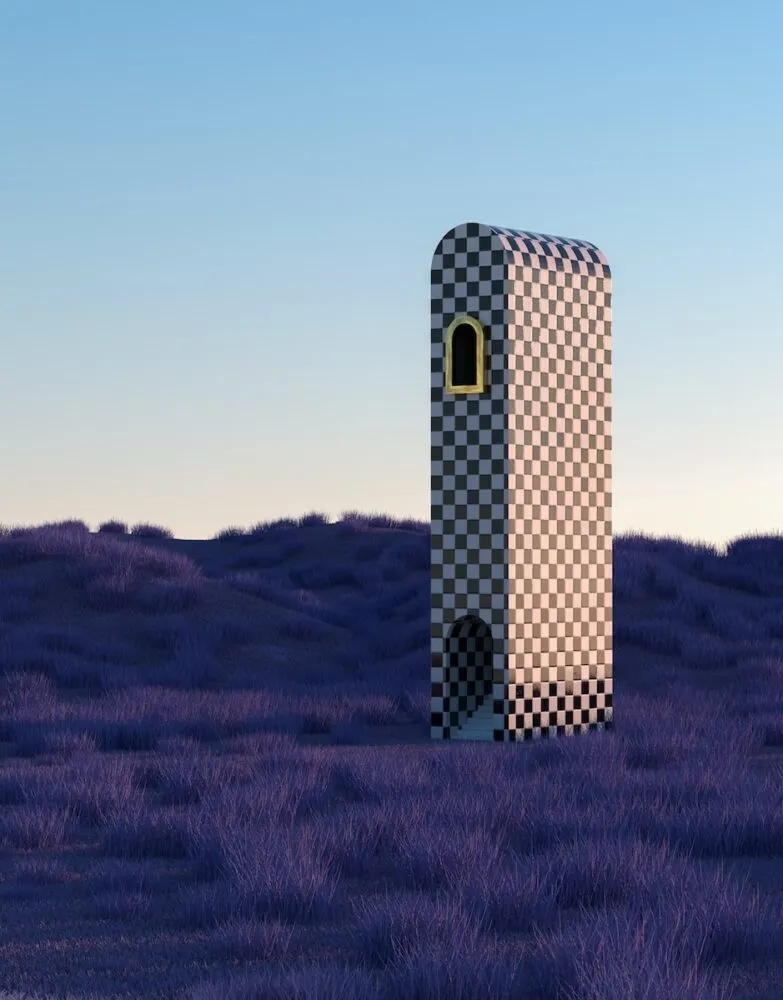 a computer generated image of a door in the middle of a field